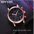 SANDA 1034 Business Mens Luxury Watch Waterproof Three-eye Six-pin Casual Men Quartz Leather Watch